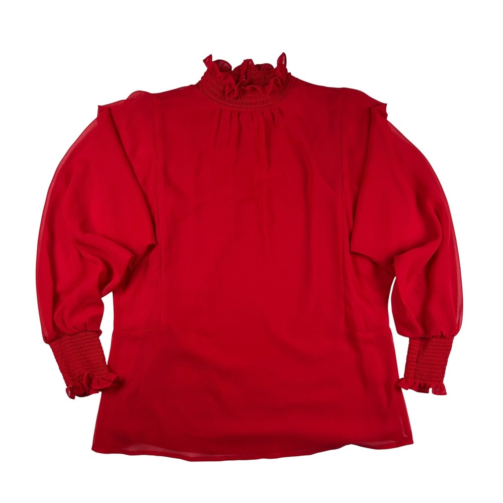 Vince Camuto Womens Red Smocked High Neck Ruffle Bishop Sleeve Blouse XXS NEW